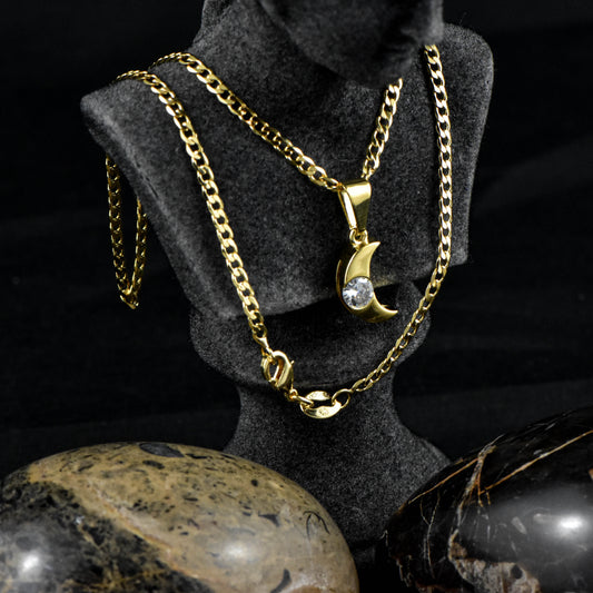 Cadena Cubana Diamantada 45cm+ Colgante Luna Circonia Cristal